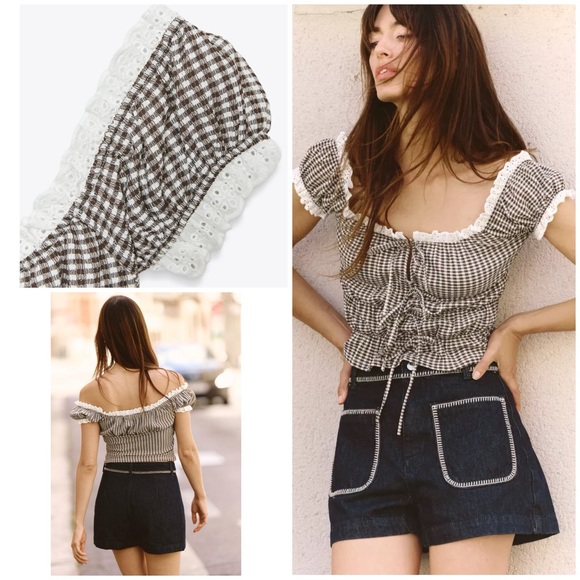 Zara Tops - NWT Zara Gingham Lace plaid Bow Tied Feont Boho Cottagecore eyelet Blouse S